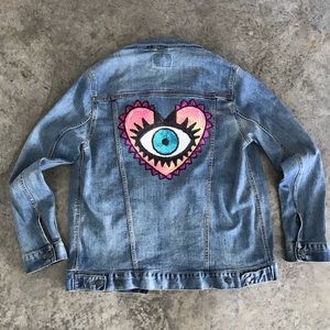 Denim Boyfriend Jacket with Eye Sequin Patch